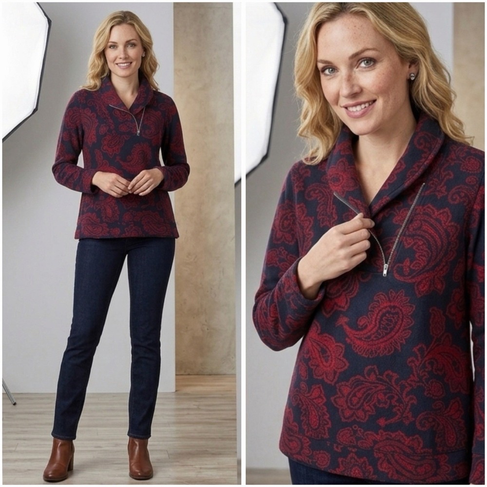 Croft & Barrow Womens XL Pullover Sweatshirt Red Paisley 1/4 Zip Shawl Neck Soft
